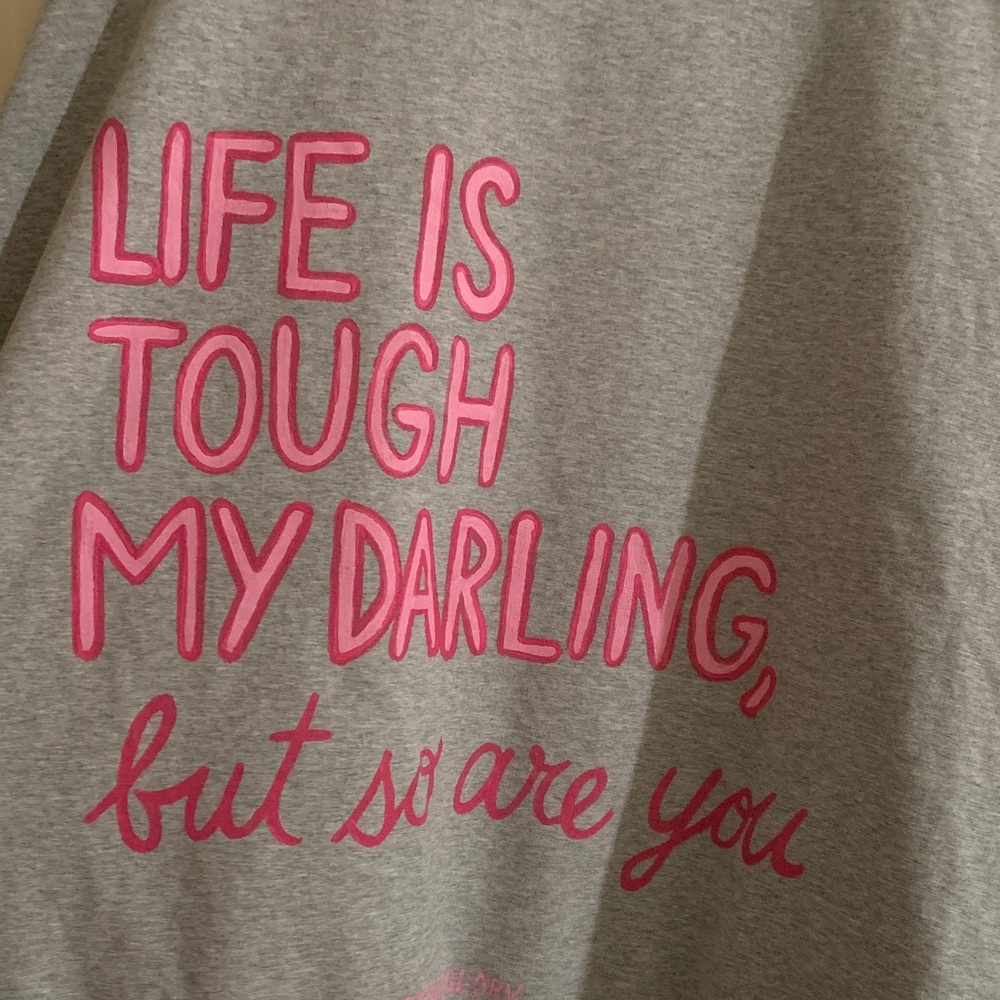 Gray Off-the-Shoulder Sweater with Pink Lettering